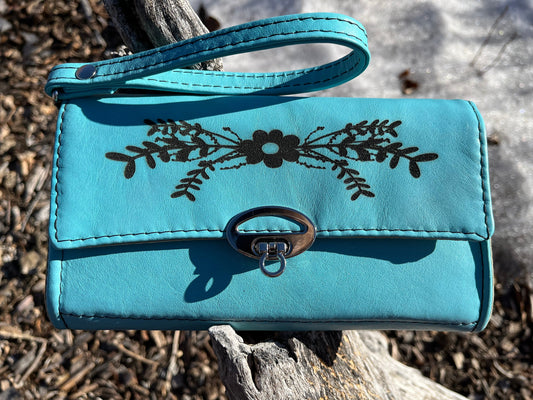 Teal Leather Wallet with Wristlet Strap