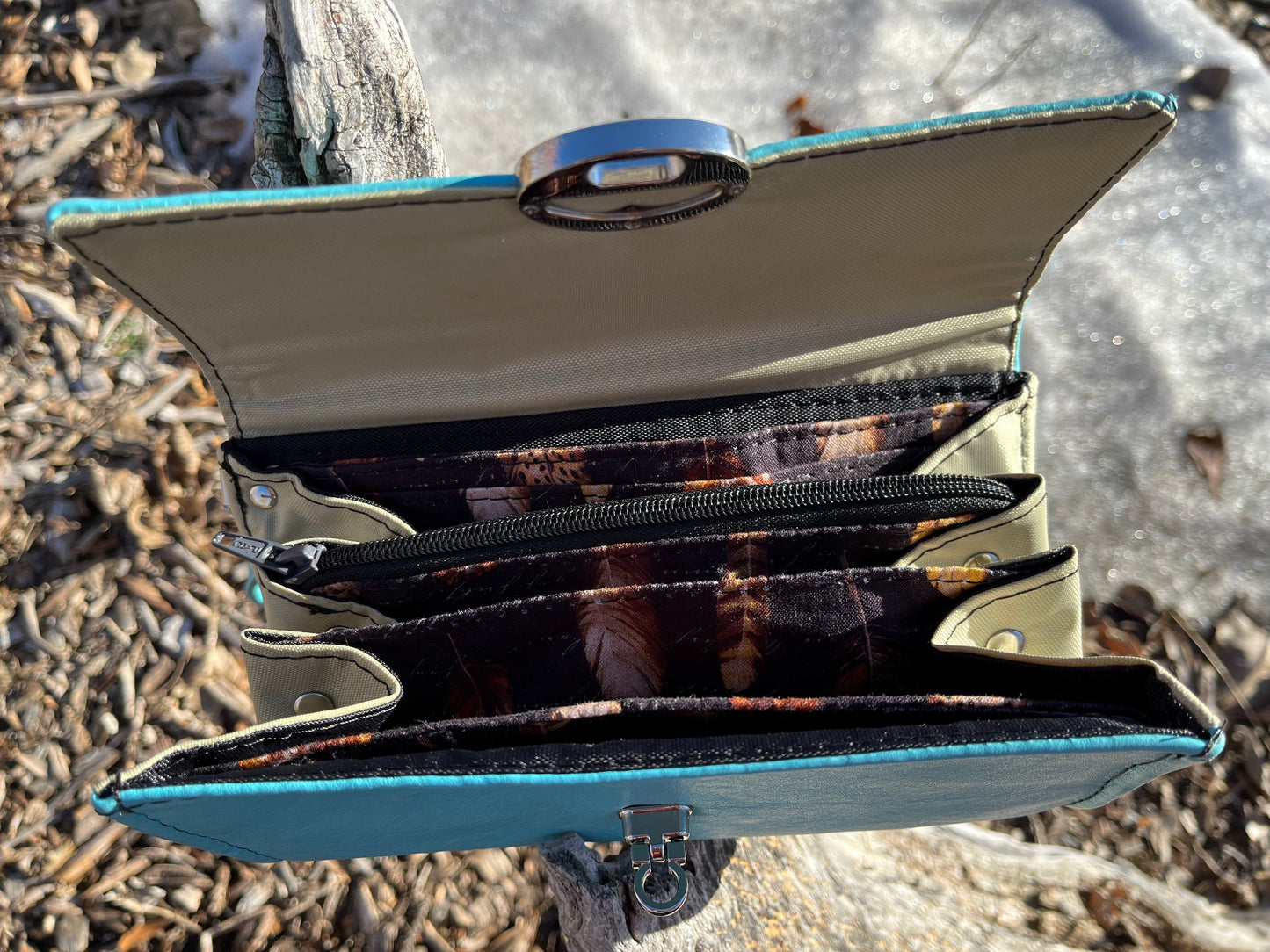 Teal Leather Wallet with Wristlet Strap