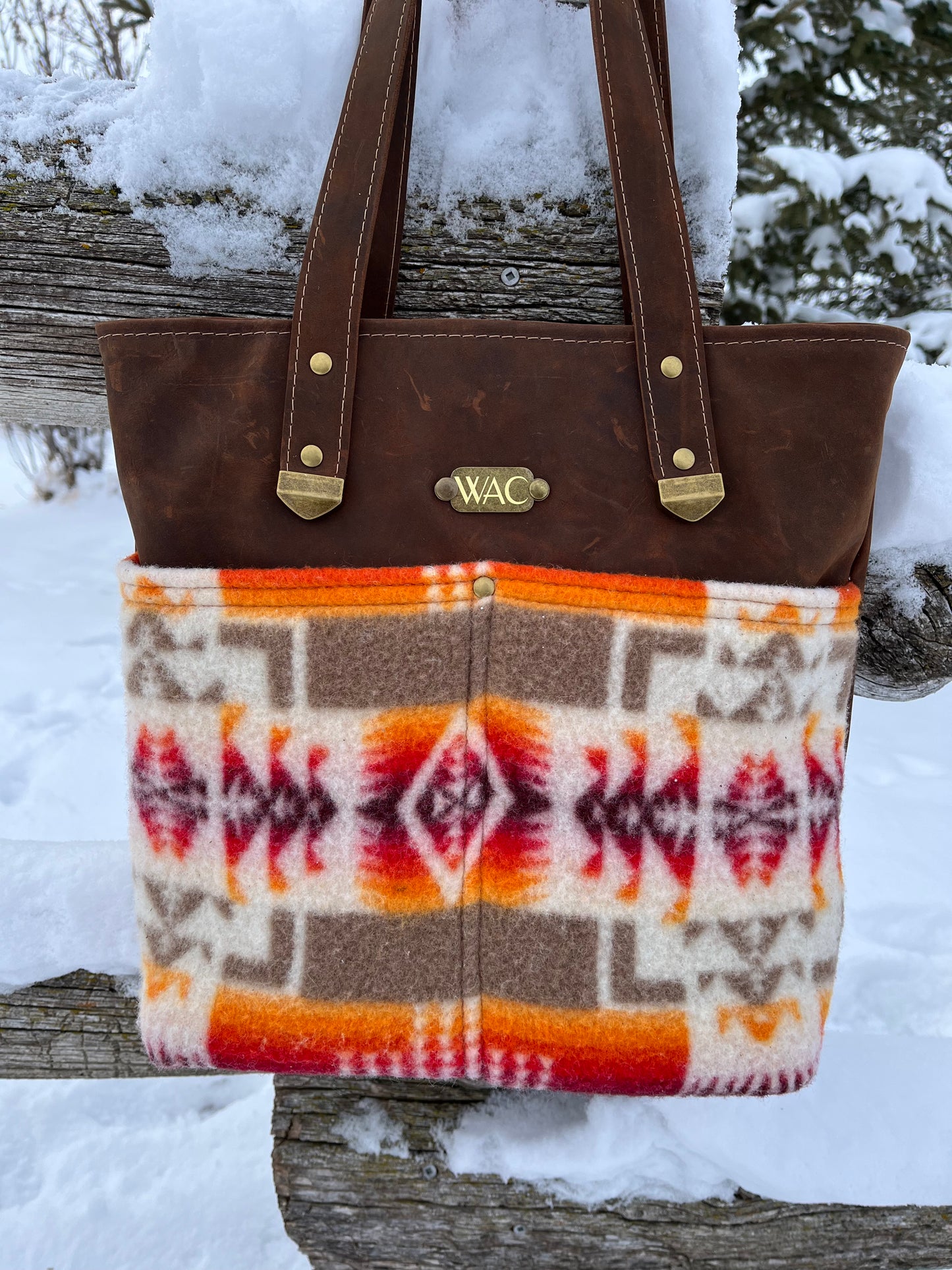 Distressed Leather and Pendelton Wool Tote