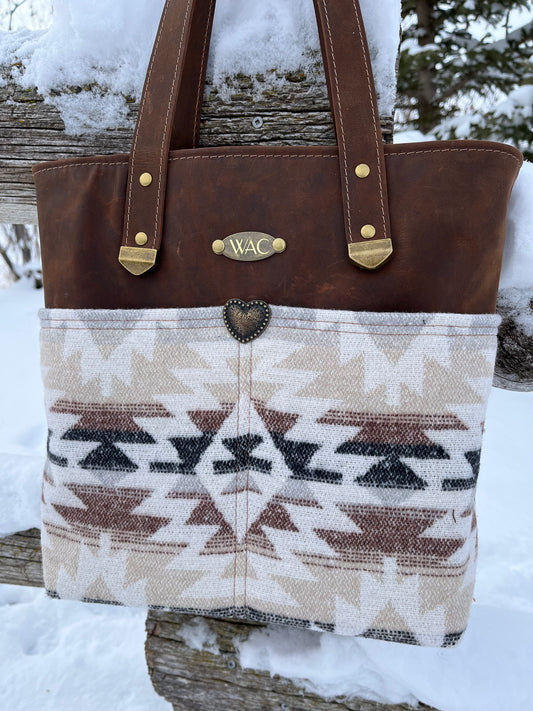 Distressed Brown Leather and Wool Tote