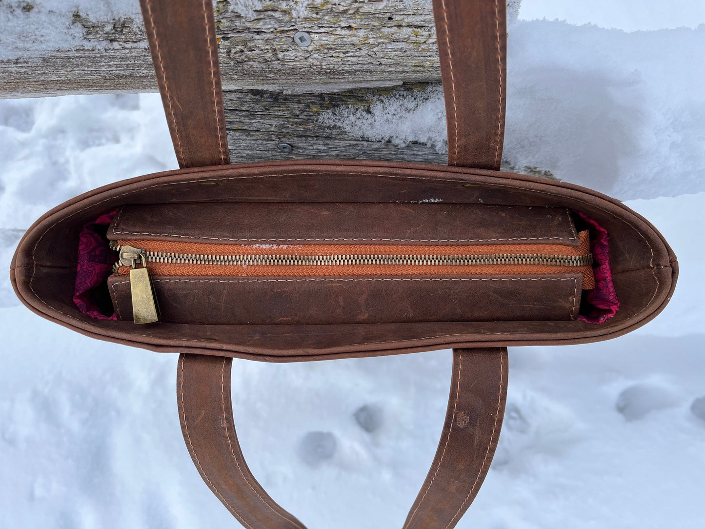 Distressed Brown Leather and Wool Tote