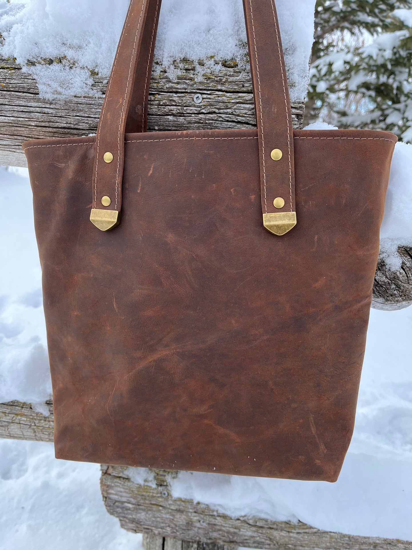 Distressed Brown Leather and Wool Tote