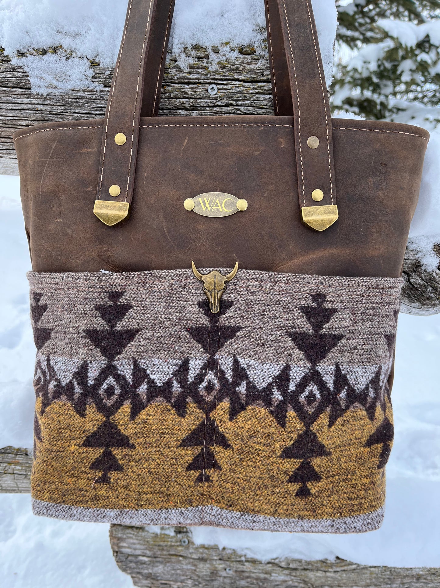 Distressed Brown Leather and Wool Tote