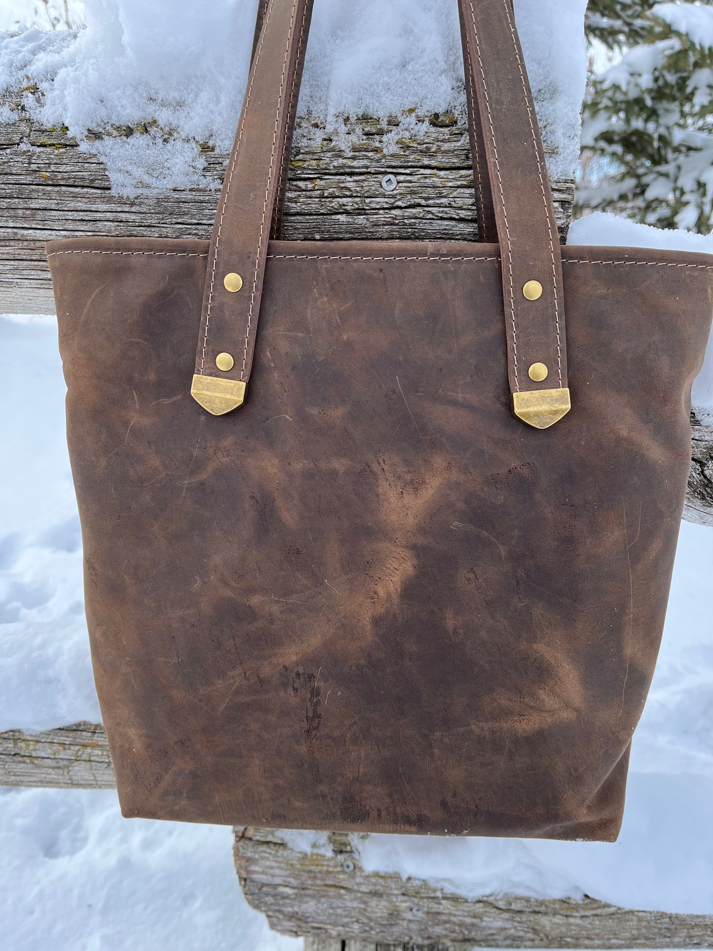 Distressed Brown Leather and Wool Tote