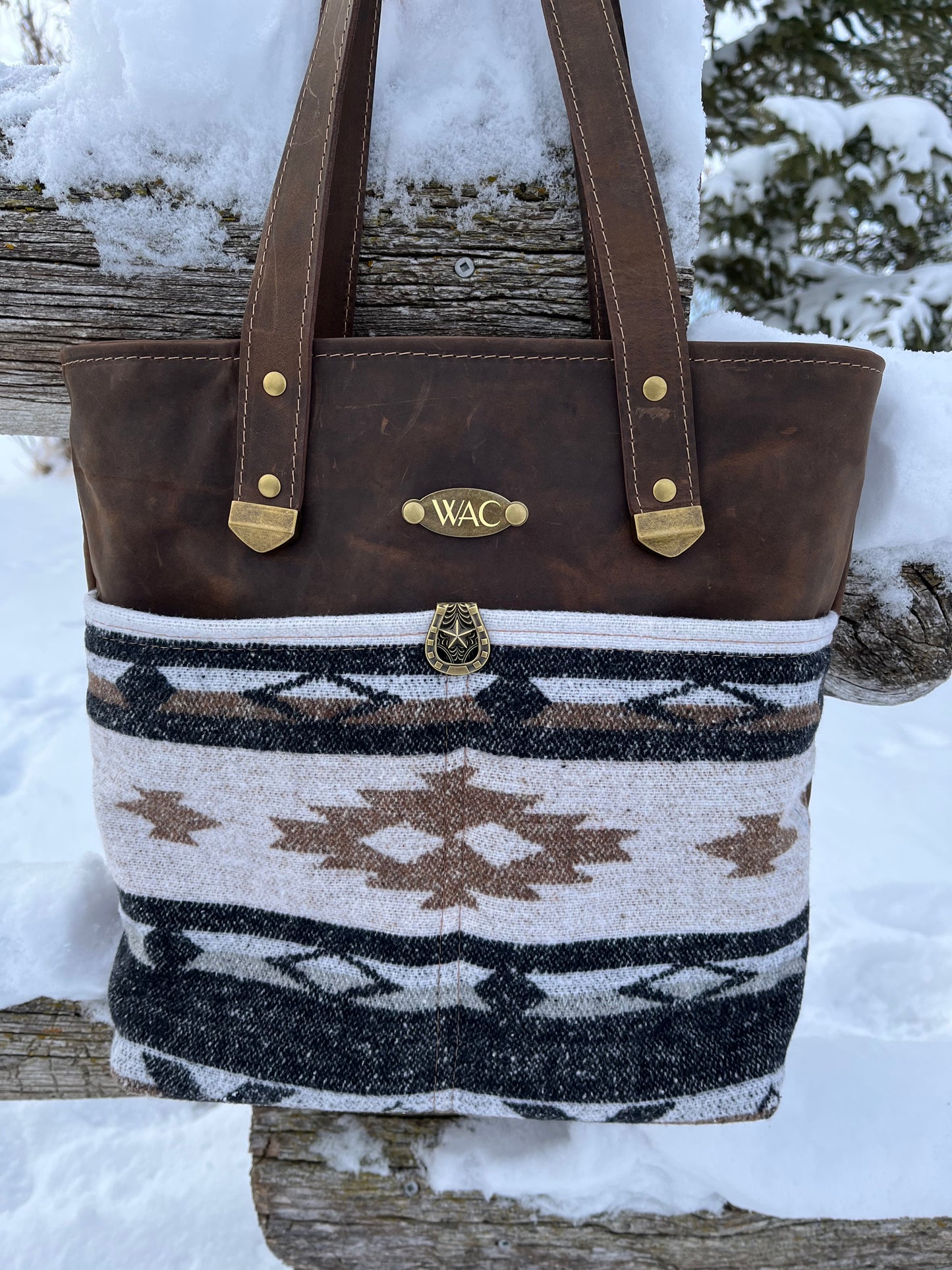 Distressed Brown Leather and Wool Tote