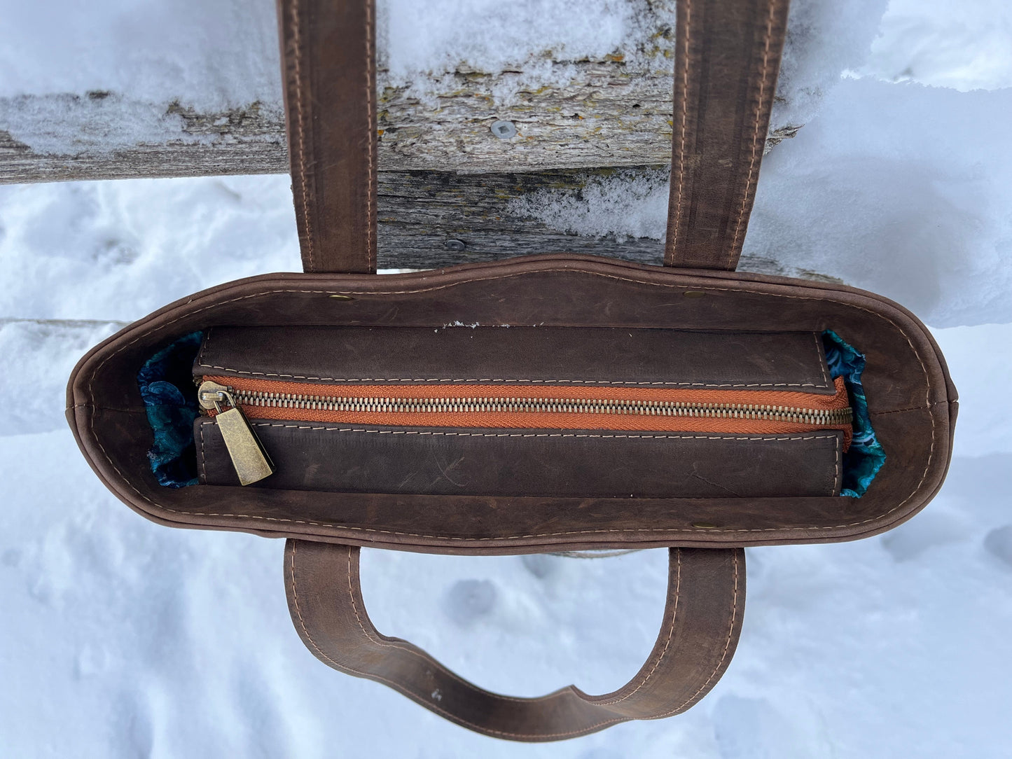 Distressed Brown Leather and Wool Tote