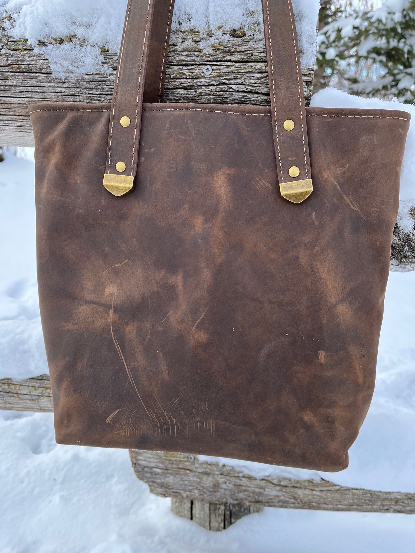 Distressed Brown Leather and Wool Tote