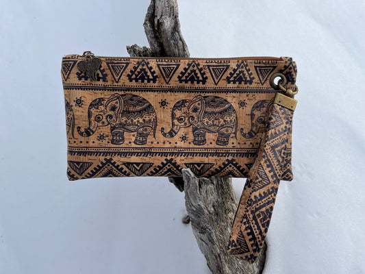 Elephant Cork Wristlet/Clutch Wallet with Detachable Strap