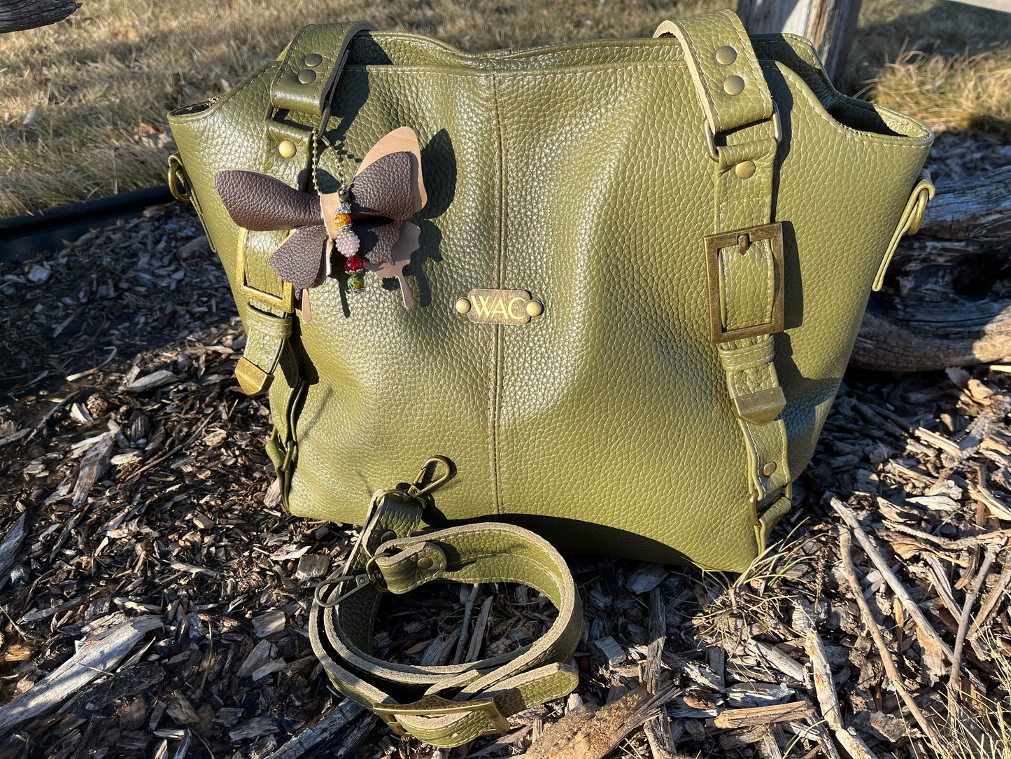 Olive Green Leather Purse with Antique Brass Hardware