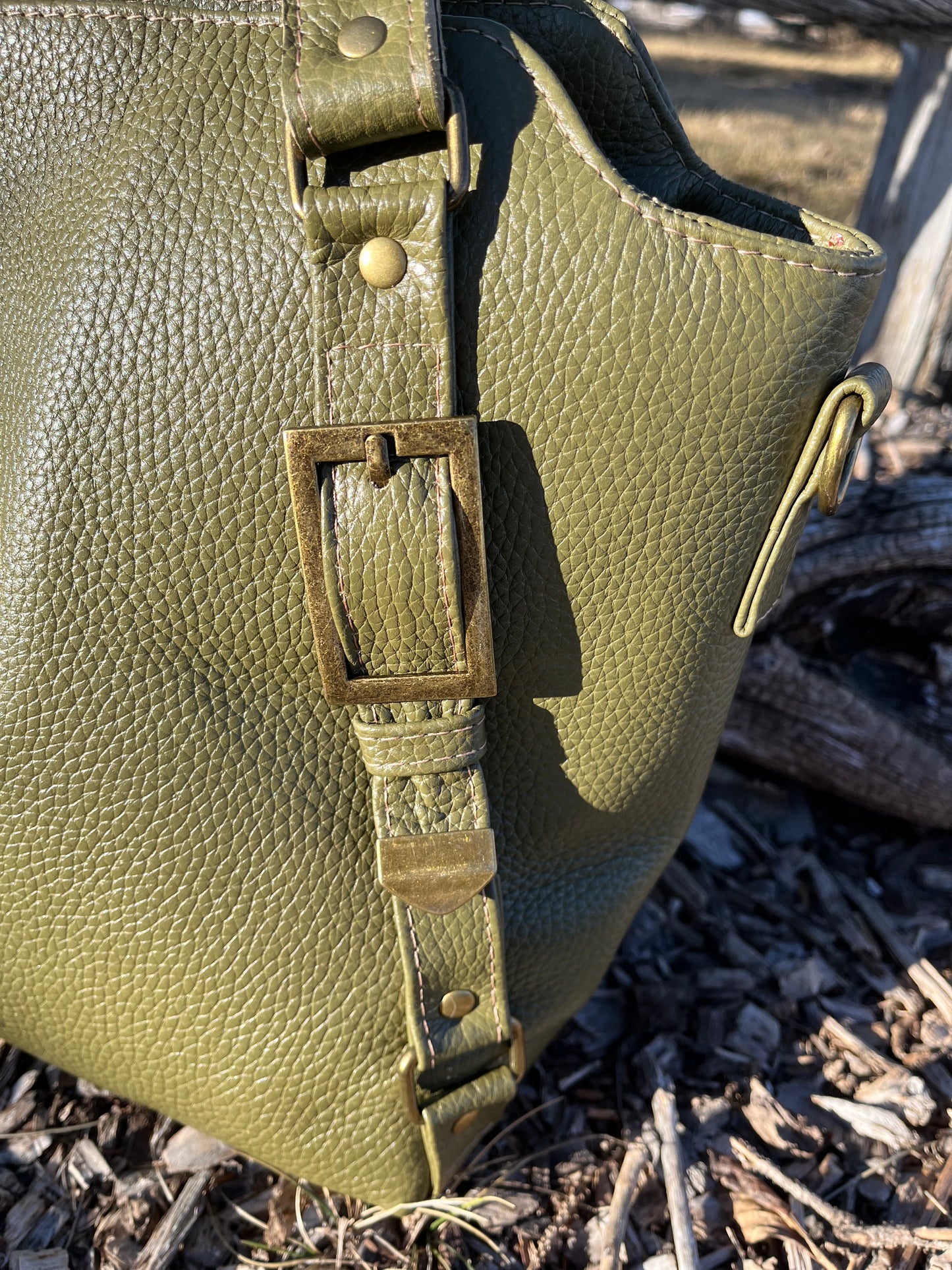 Olive Green Leather Purse with Antique Brass Hardware