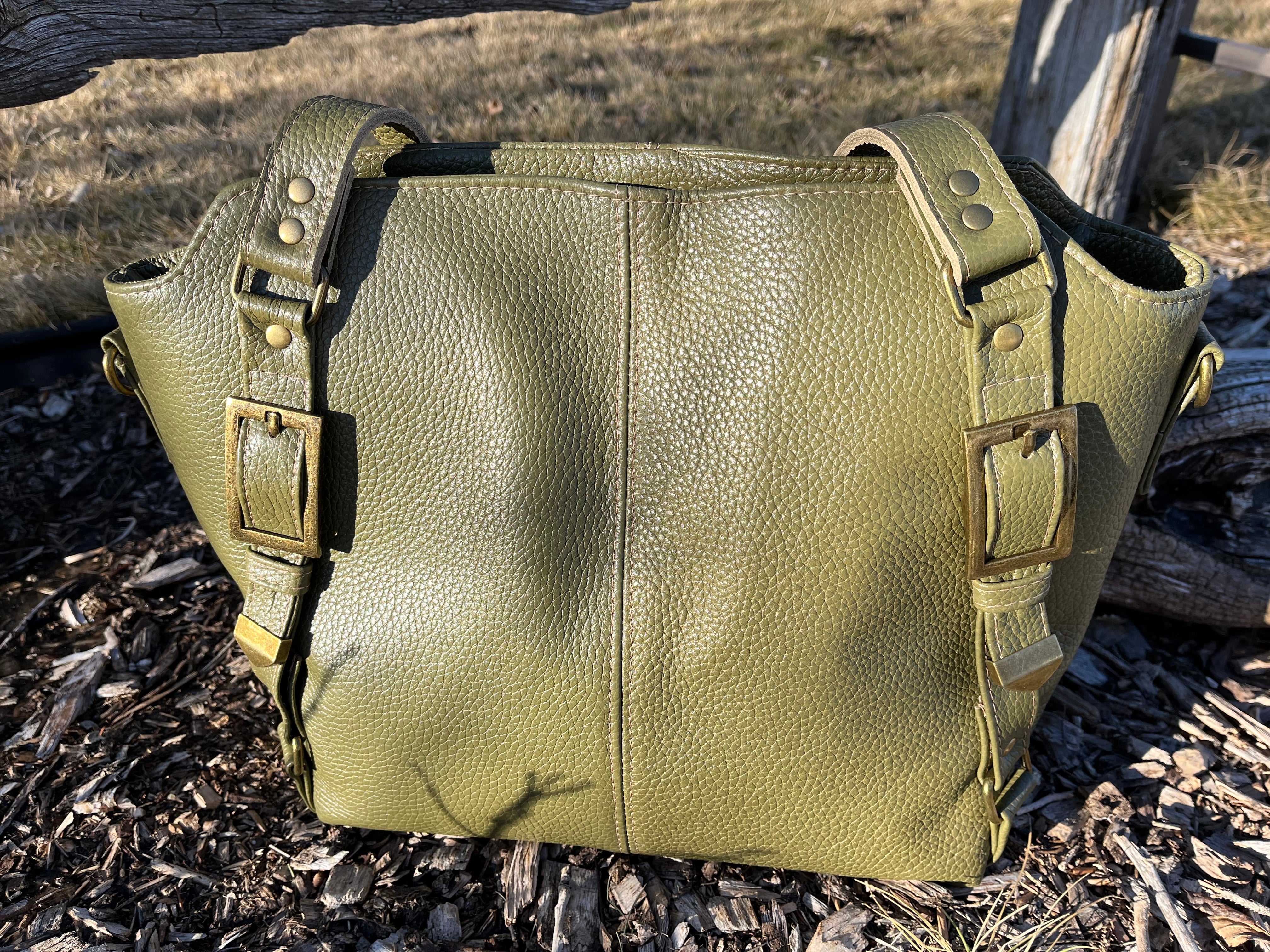 Olive Green Leather Purse with Antique Brass Hardware