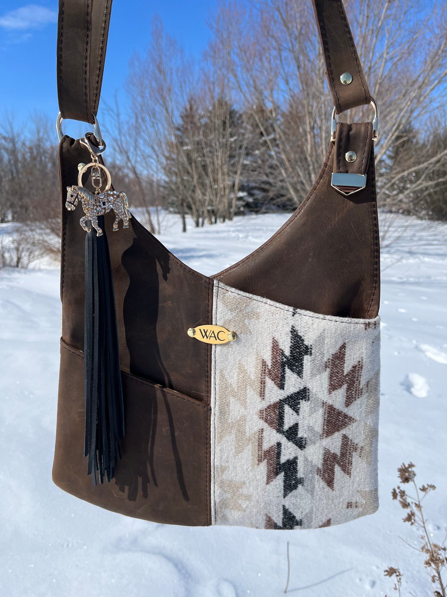 Distressed Leather and Cream Wool Crossbody Purse