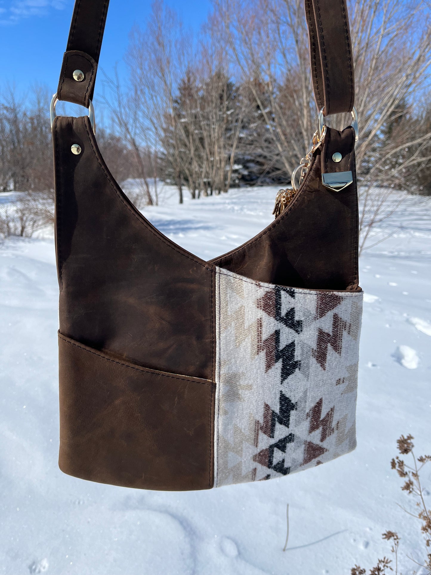 Distressed Leather and Cream Wool Crossbody Purse