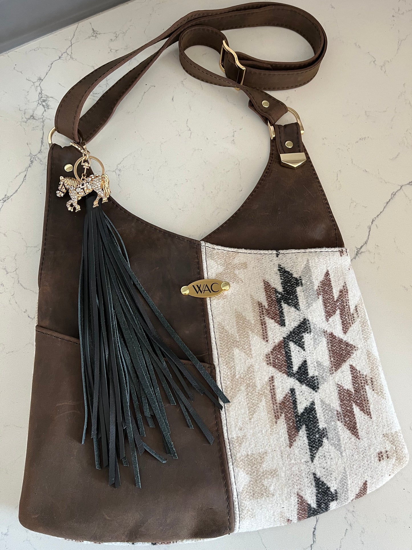 Distressed Leather and Cream Wool Crossbody Purse