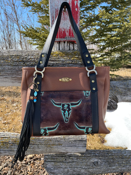 Teal Longhorn and Two Toned Leather Handbag