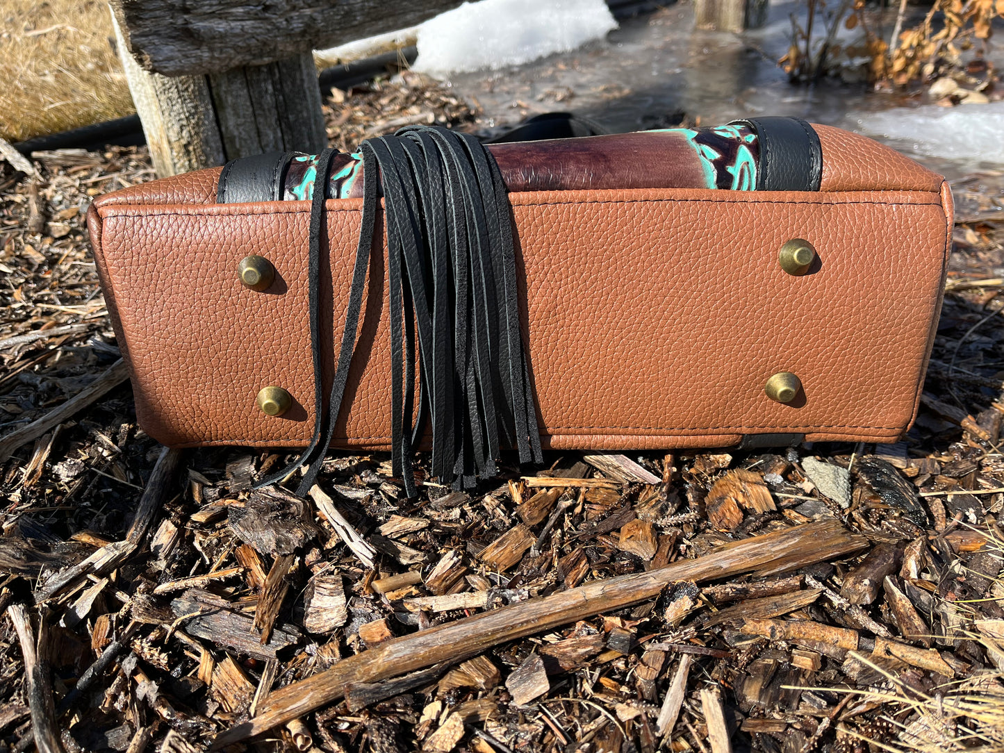 Teal Longhorn and Two Toned Leather Handbag