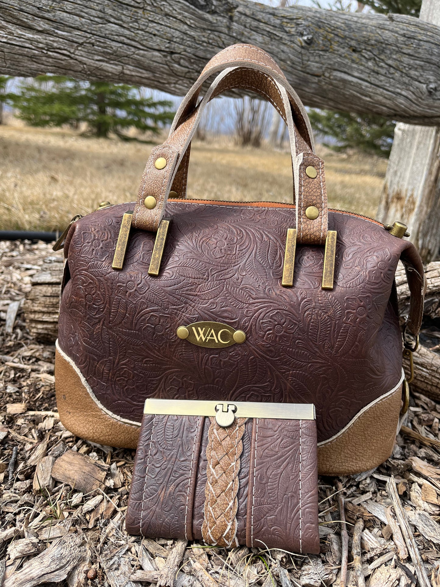 Two Toned Brown Leather Handbag and Matching Wallet