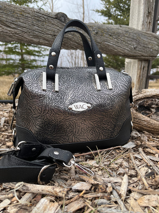 Metallic Floral Embossed Leather with Black Accents Handbag