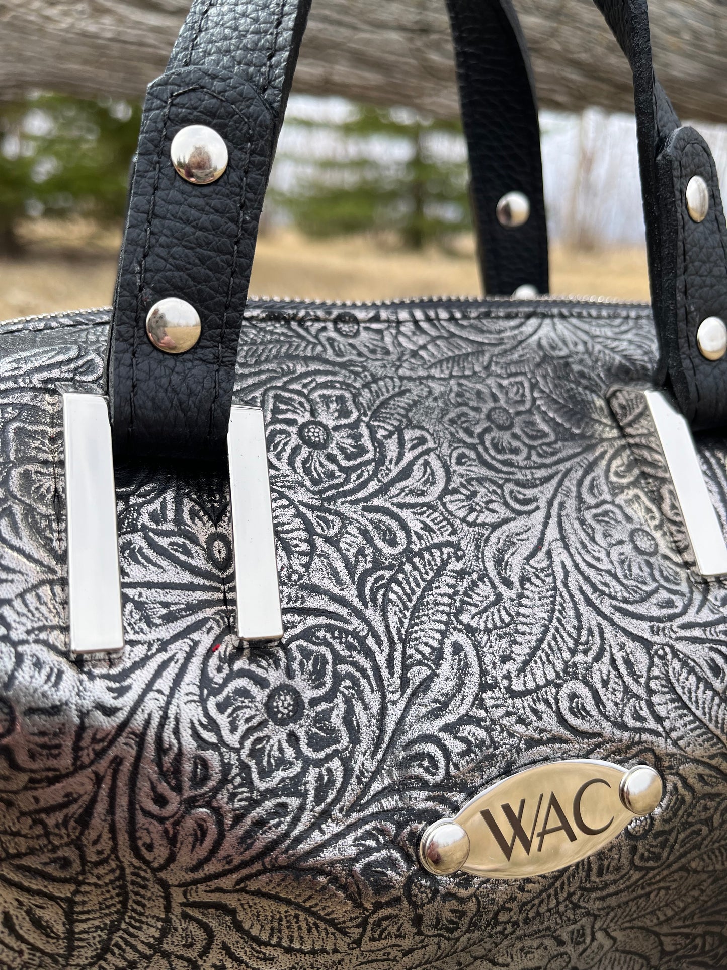 Metallic Floral Embossed Leather with Black Accents Handbag