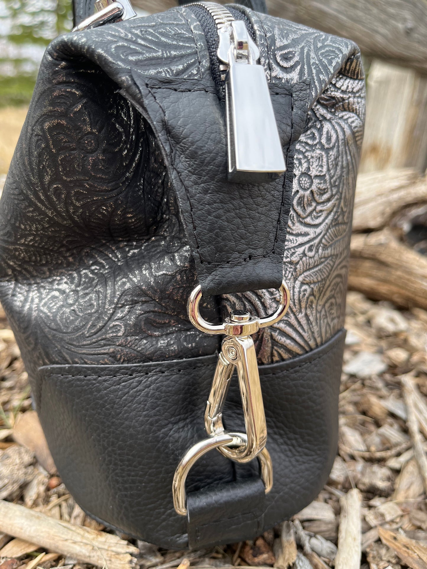 Metallic Floral Embossed Leather with Black Accents Handbag