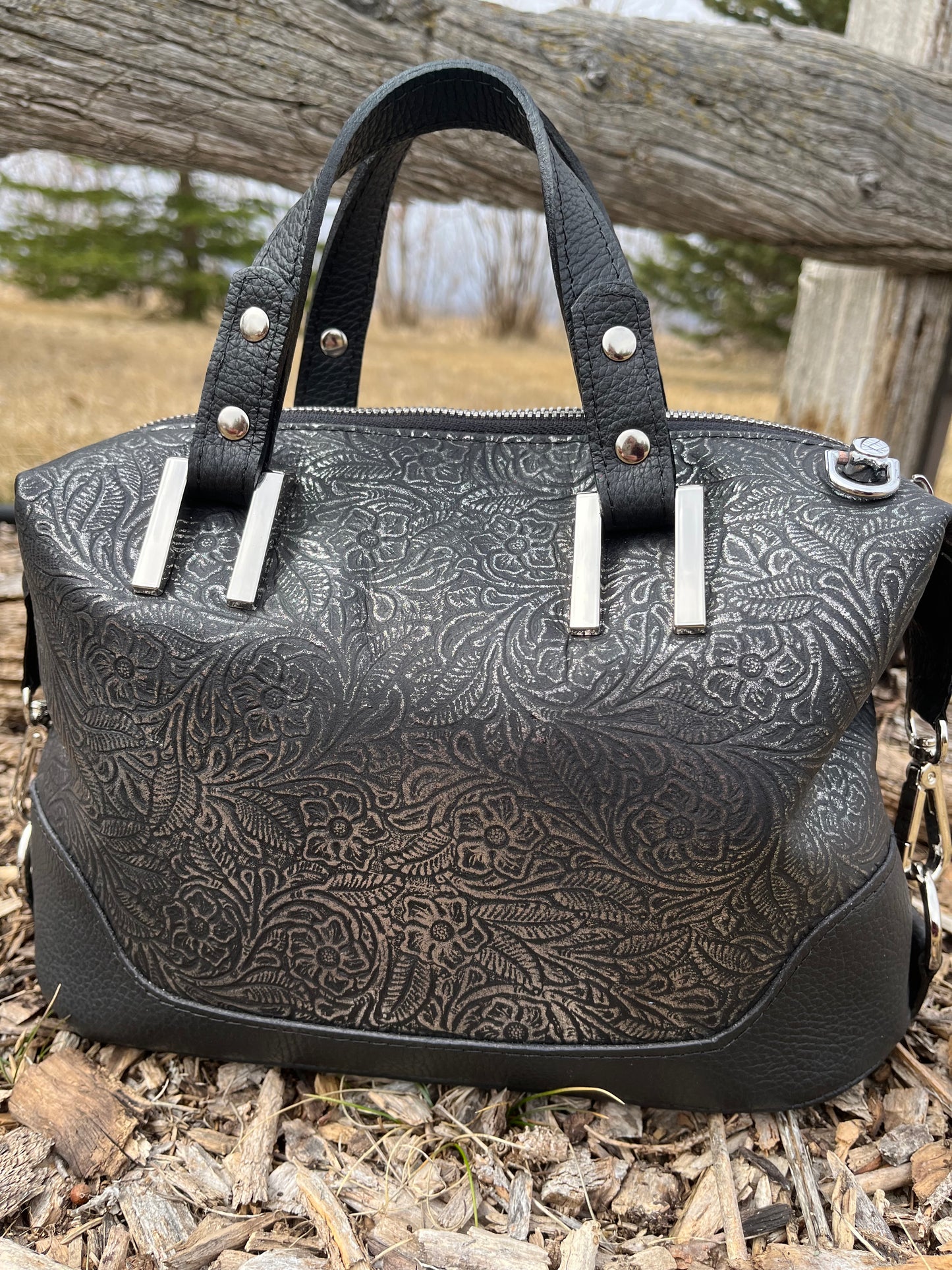 Metallic Floral Embossed Leather with Black Accents Handbag