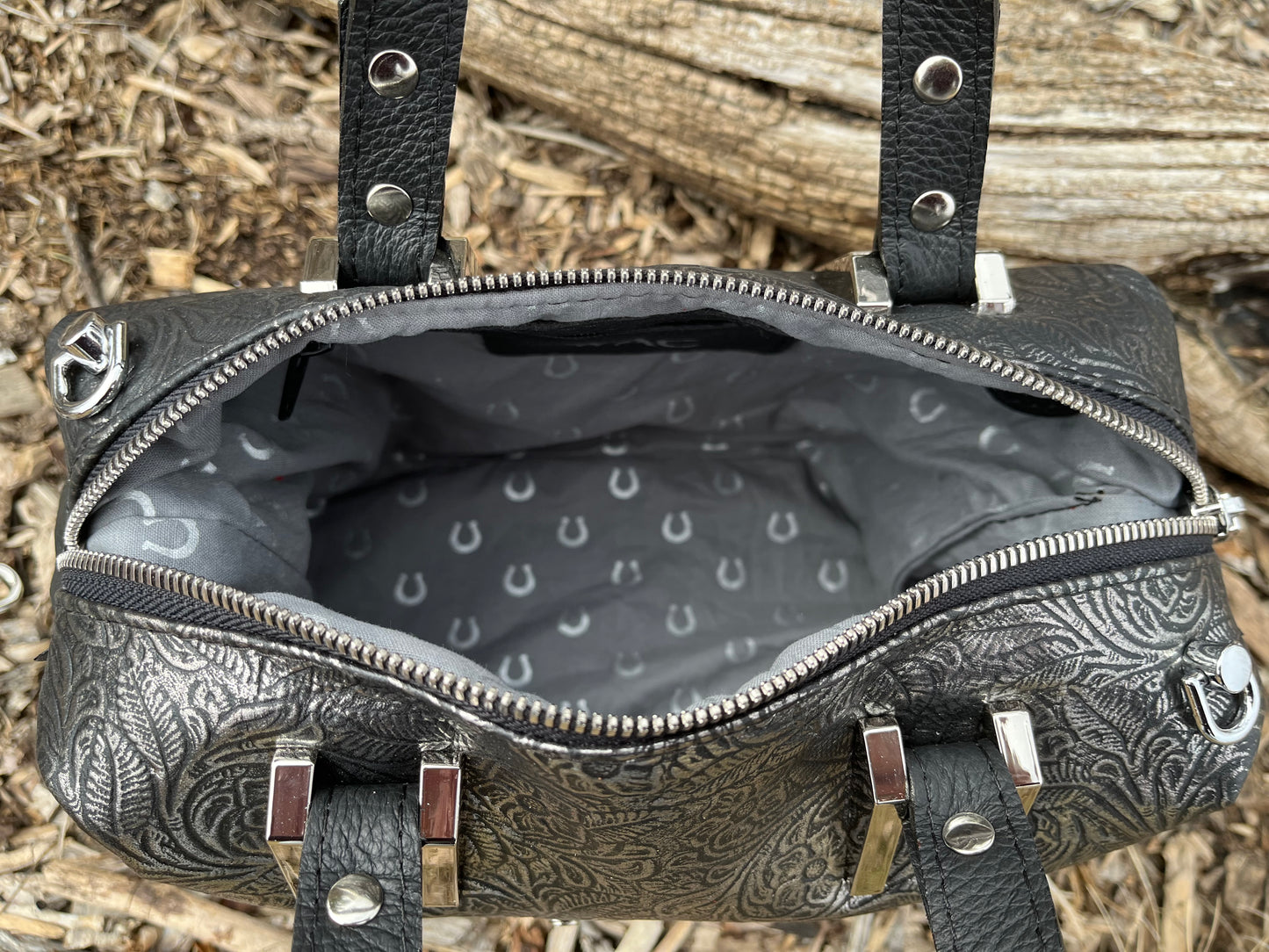 Metallic Floral Embossed Leather with Black Accents Handbag