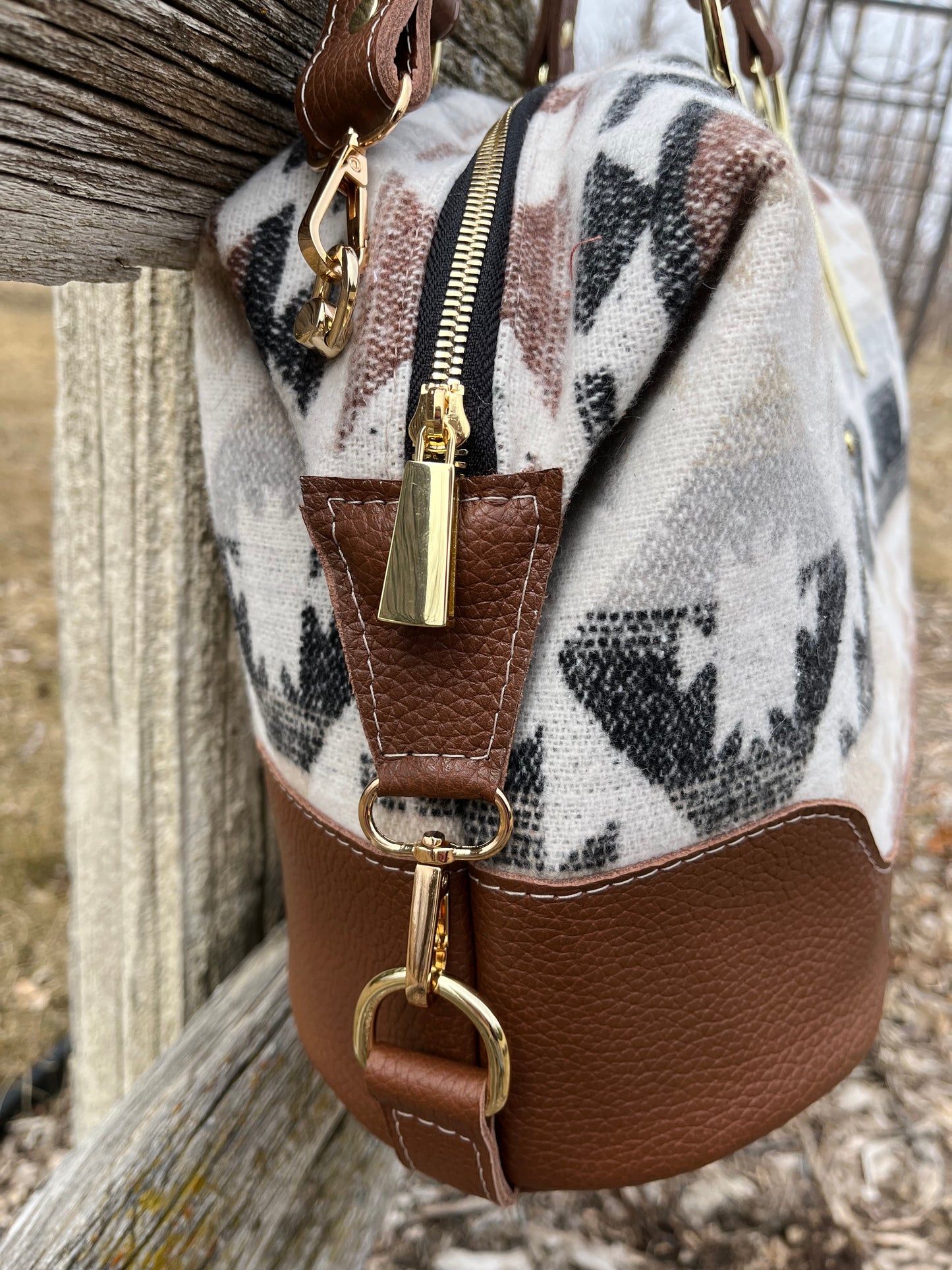 Pebbled Brown Leather with Cream Wool Travel Bag