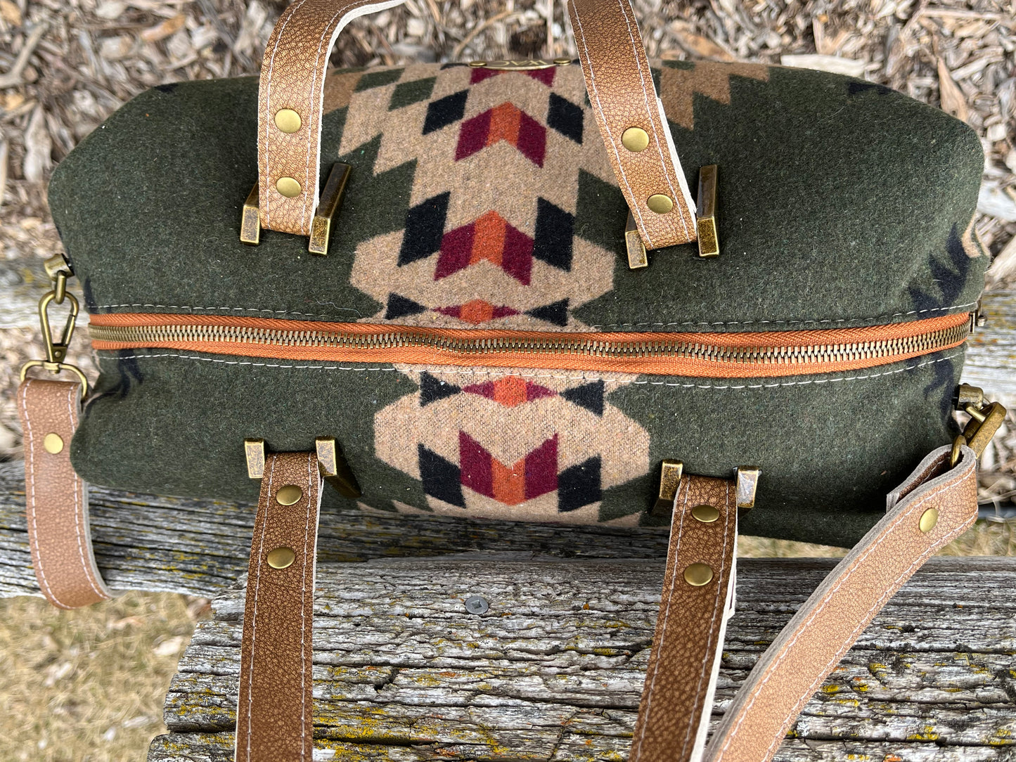 Camel Brown Leather and Green Wool Travel Bag