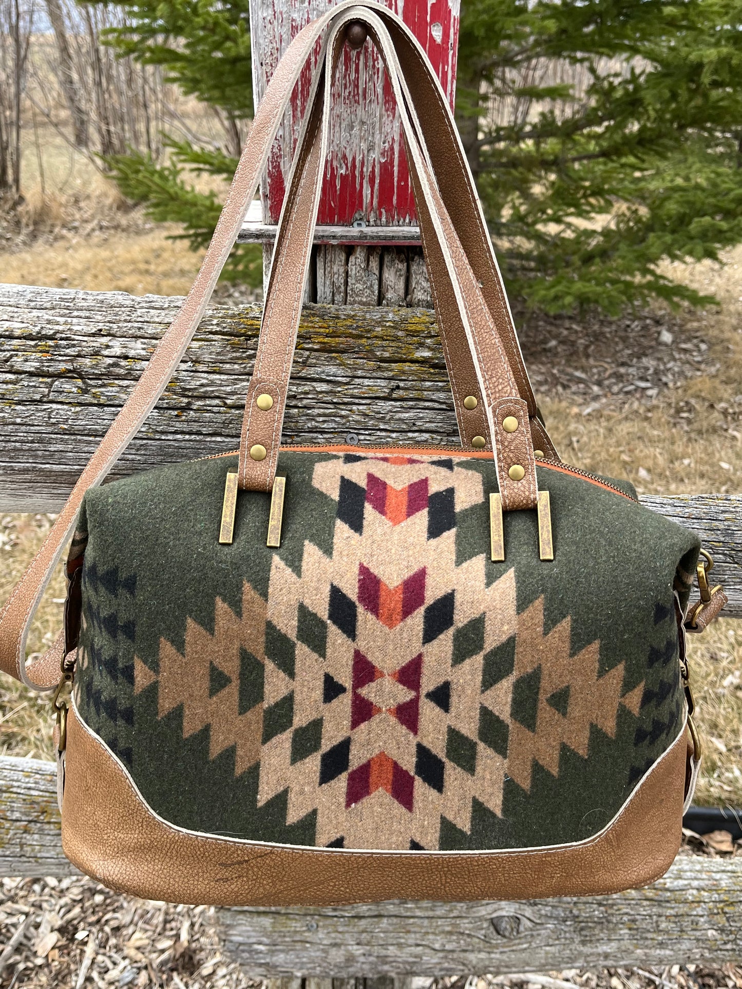 Camel Brown Leather and Green Wool Travel Bag