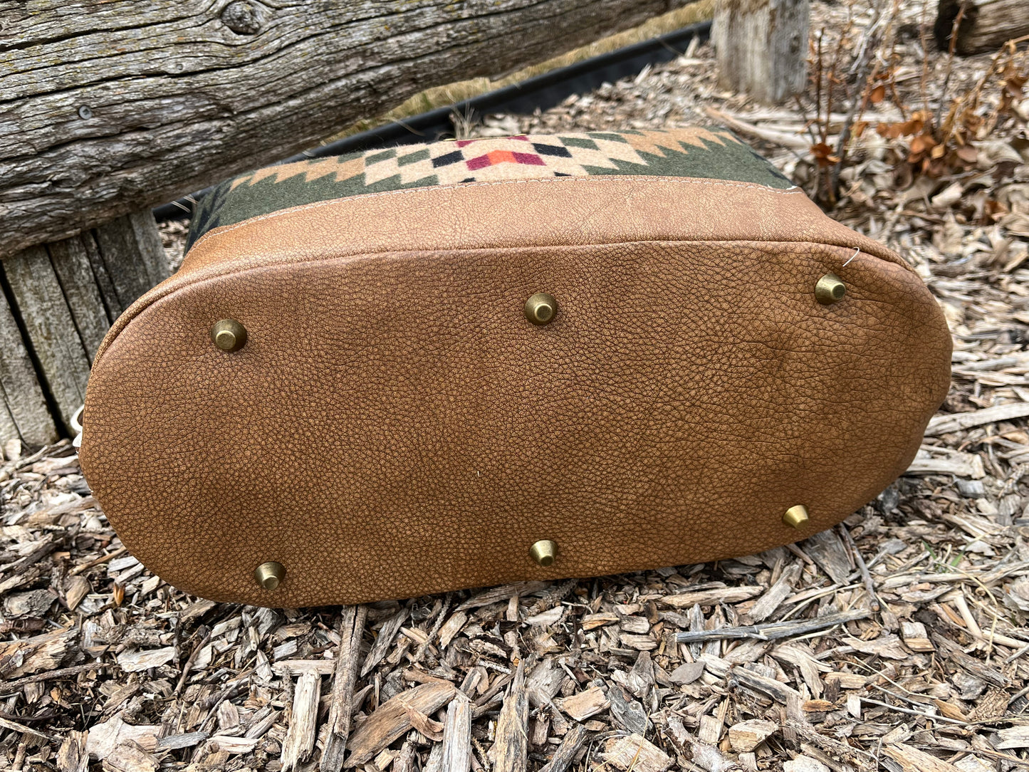 Camel Brown Leather and Green Wool Travel Bag