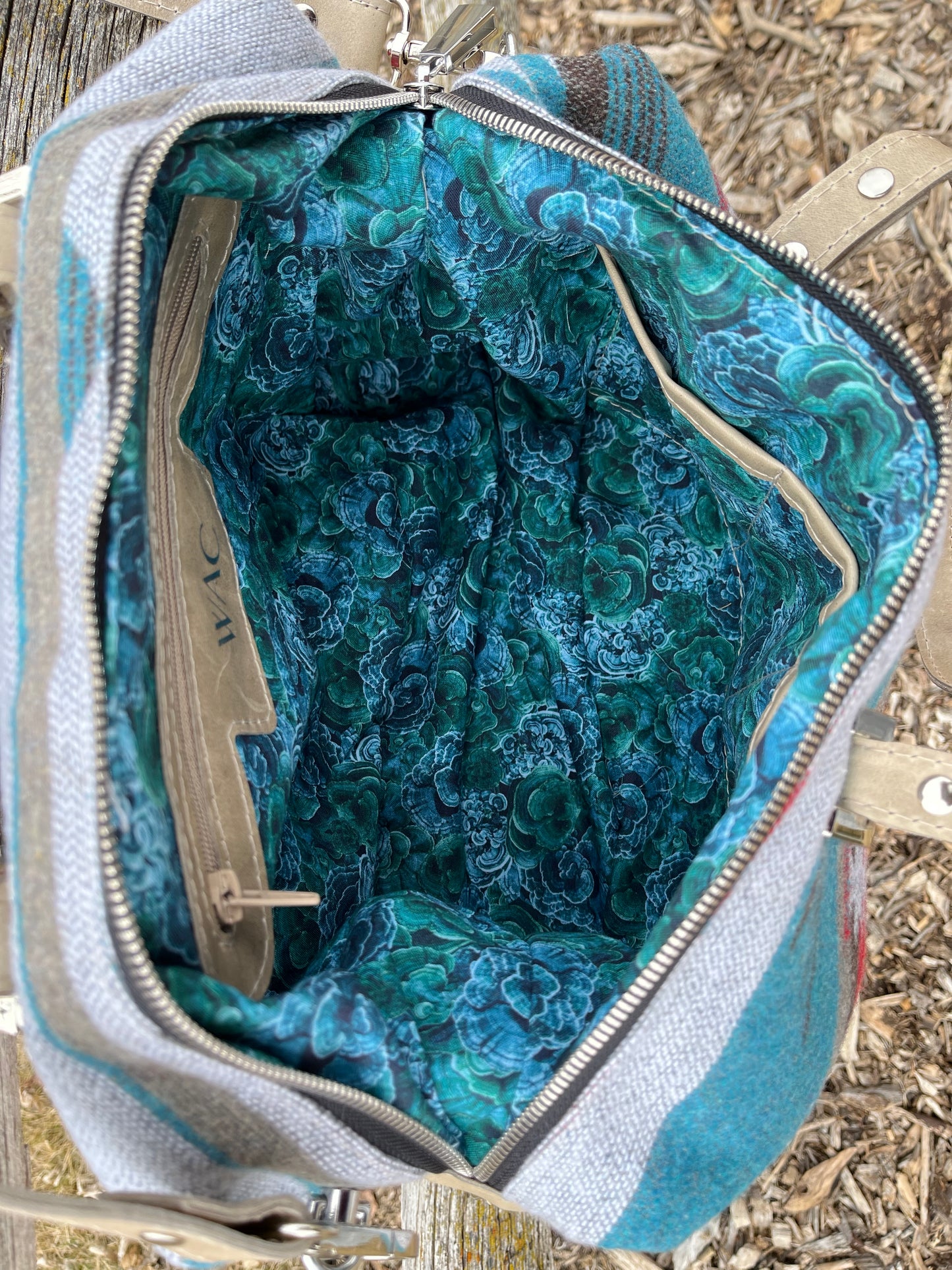 Distressed Grey Leather and Teal Blue Wool Travel Bag