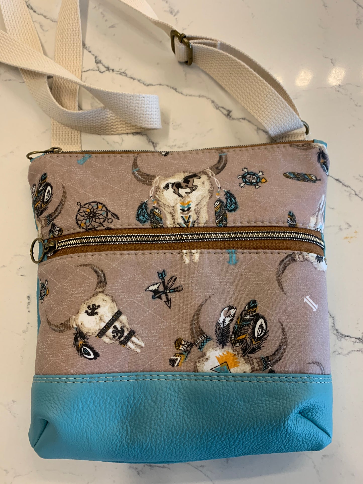 Longhorn Fabric and Teal Leather Crossbody Purse