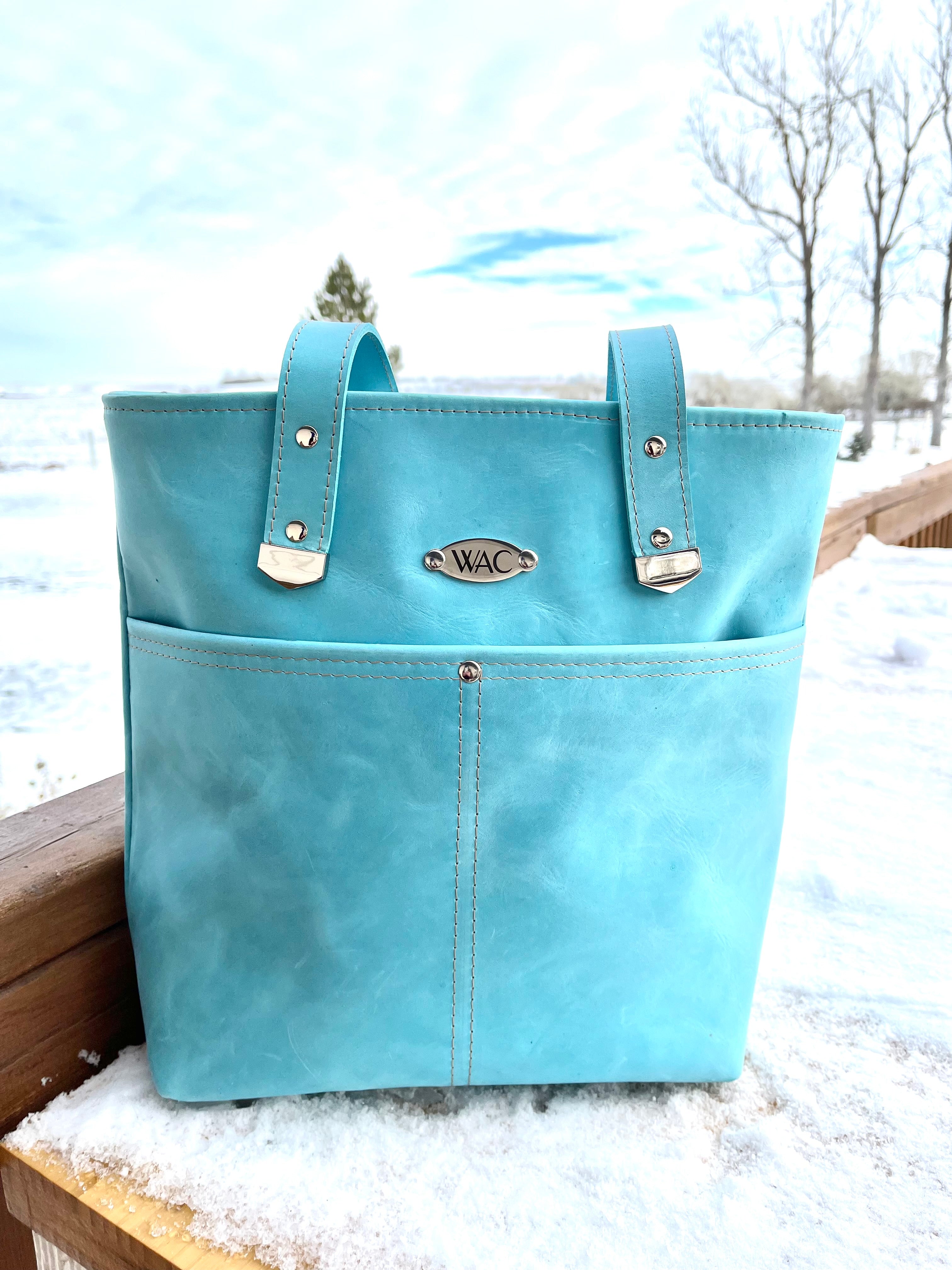 Blue leather tote best sale