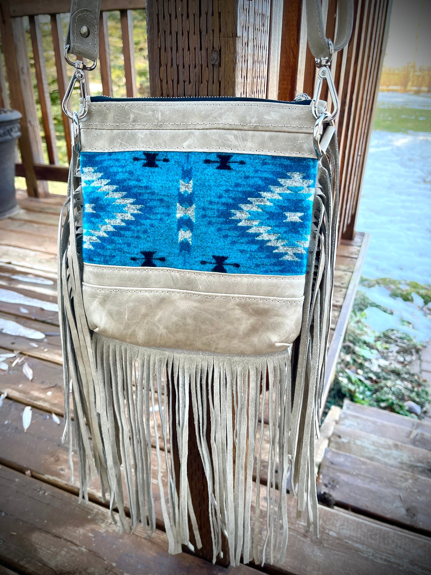 Leather Fringe with Wool contrast Crossbody Purse