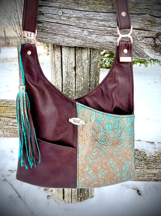 Floral Embossed Cooper Metallic/Turquoise and Brown Leather Crossbody Purse