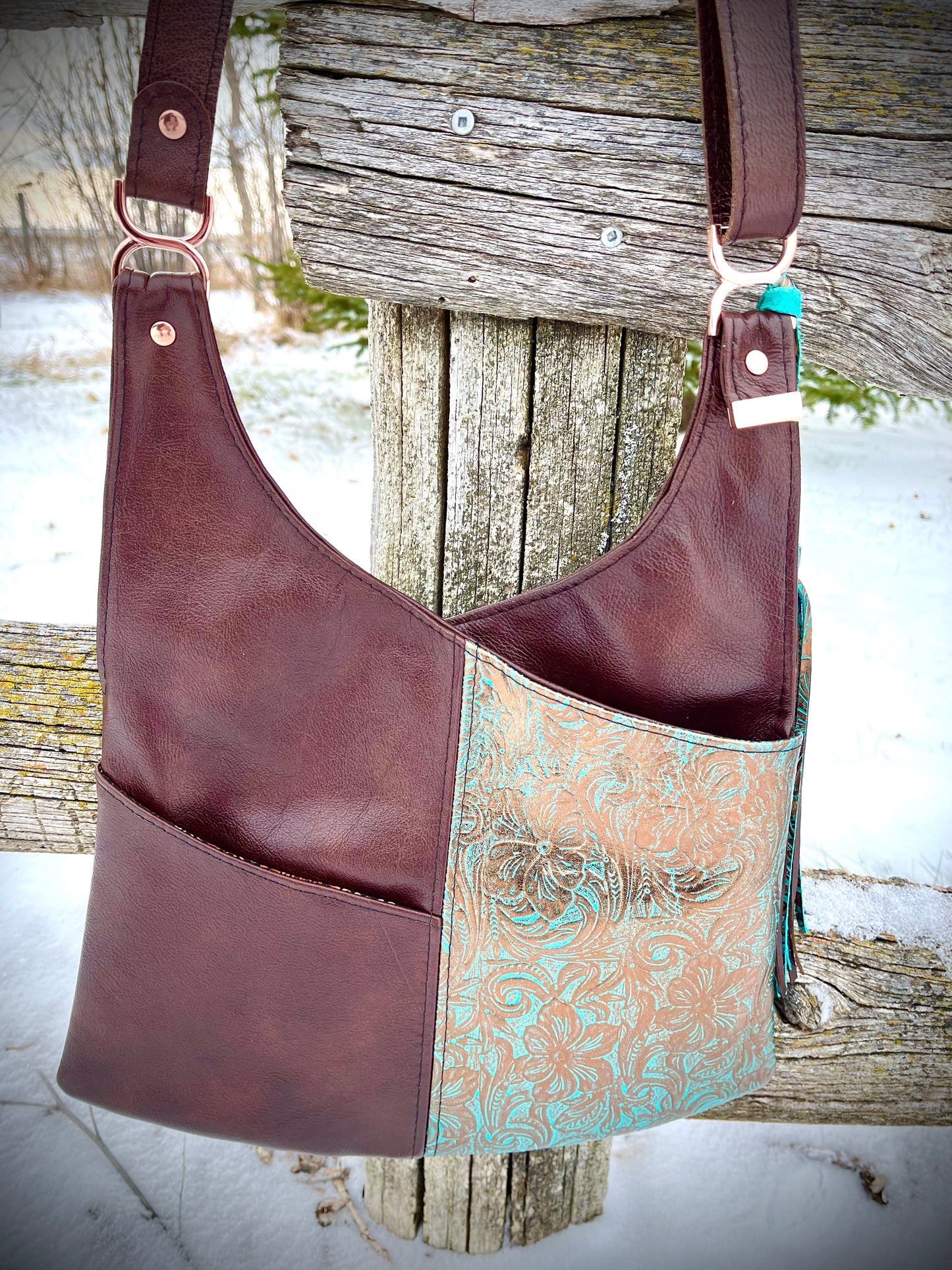 Floral Embossed Cooper Metallic/Turquoise and Brown Leather Crossbody Purse