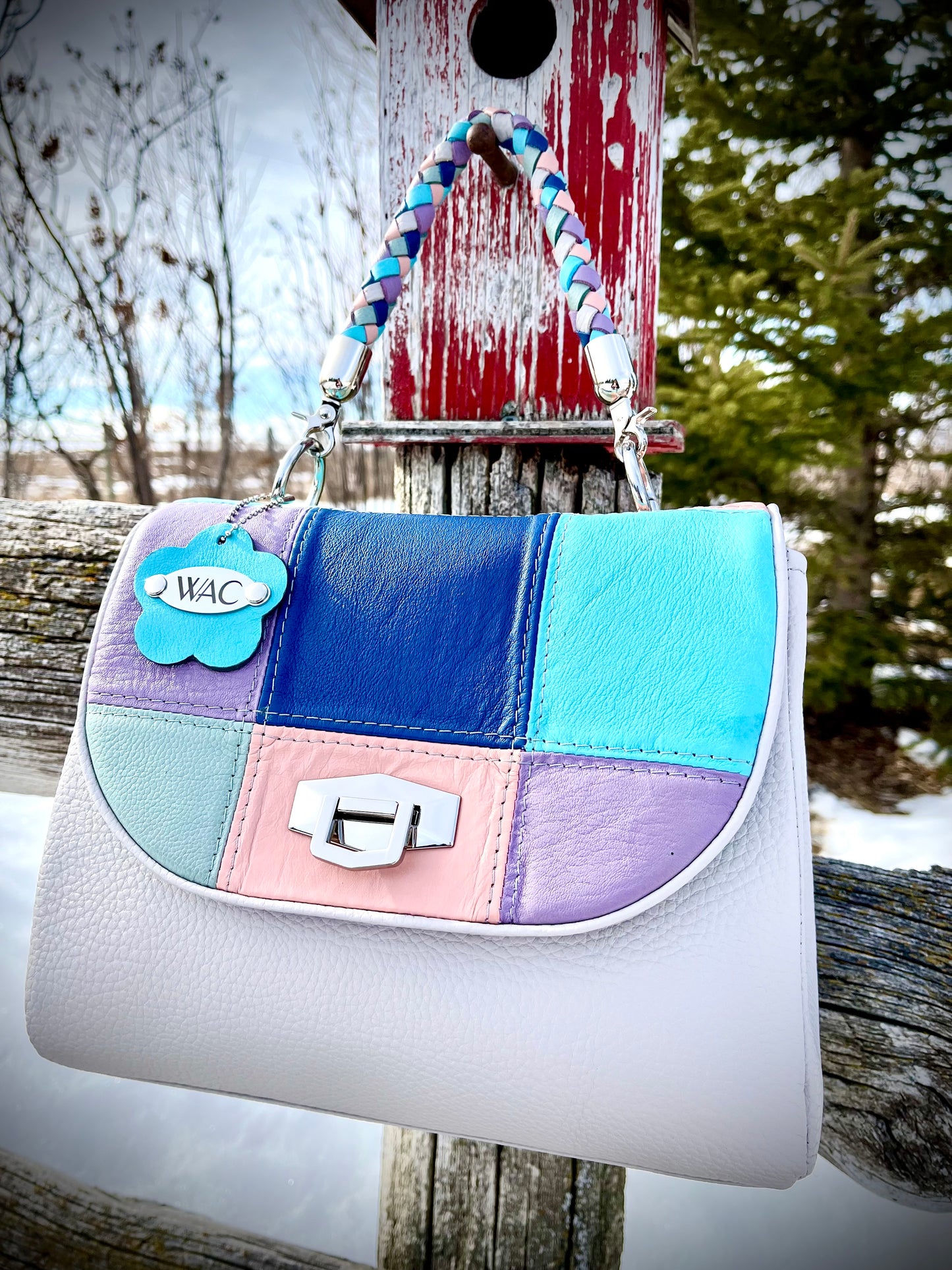 Patchwork Spring Leather Purse with Braided Leather Handle