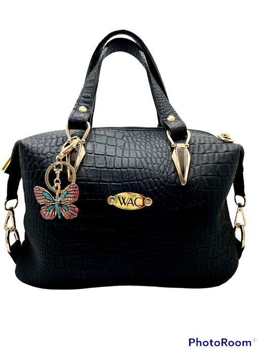 Black Italian Alligator Embossed Leather Handbag