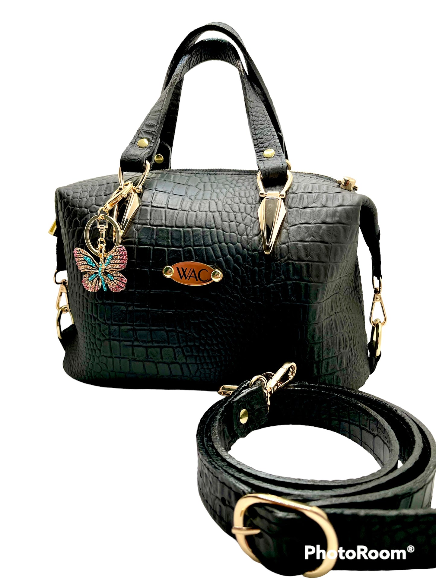 Black Italian Alligator Embossed Leather Handbag