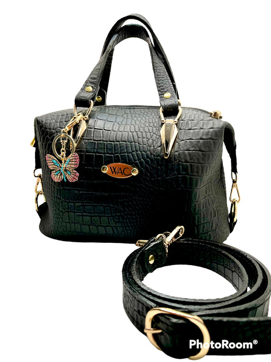 Black Italian Alligator Embossed Leather Handbag