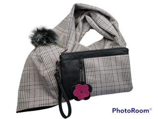 Three Piece Leather & Fabric Clutch, Hat, and Infinity Scarf