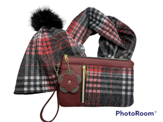 Three Piece Leather & Fabric Clutch, Hat, and Infinity Scarf