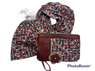 Three Piece Leather & Fabric Clutch, Hat, and Infinity Scarf