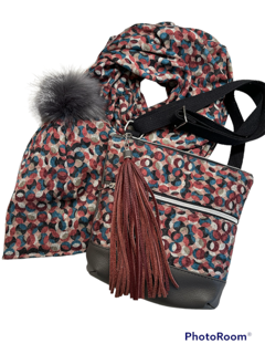 Three Piece Leather Crossbody Bag, Hat, And Infinity Scarf