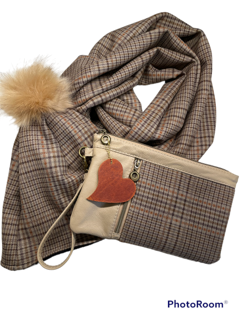 Three Piece Leather & Fabric Clutch, Hat, and Infinity Scarf