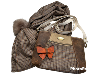 Three-Piece Leather & Fabric Purse, Hat w/ Pom, And Infinity Scarf