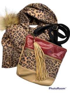 Three Piece Leather Crossbody Bag, Hat, And Infinity Scarf